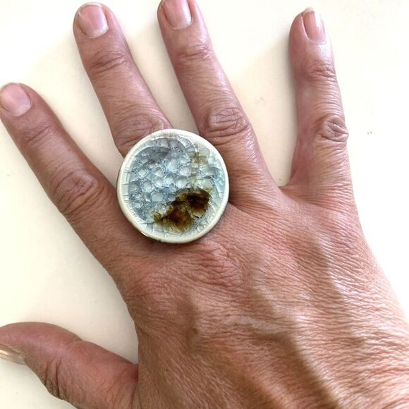 Ceramic + Glass Blue Brown Chunky Oversized Statement Ring Handmade Wearable Art - Picture 1 of 4